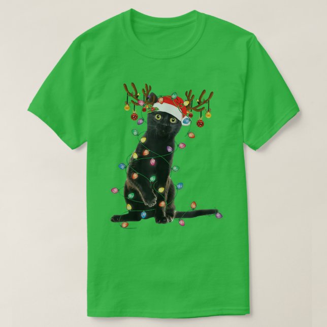 Reindeer Black Cat jul Ljus Funny Cat Kärlek T Shirt (Design framsida)