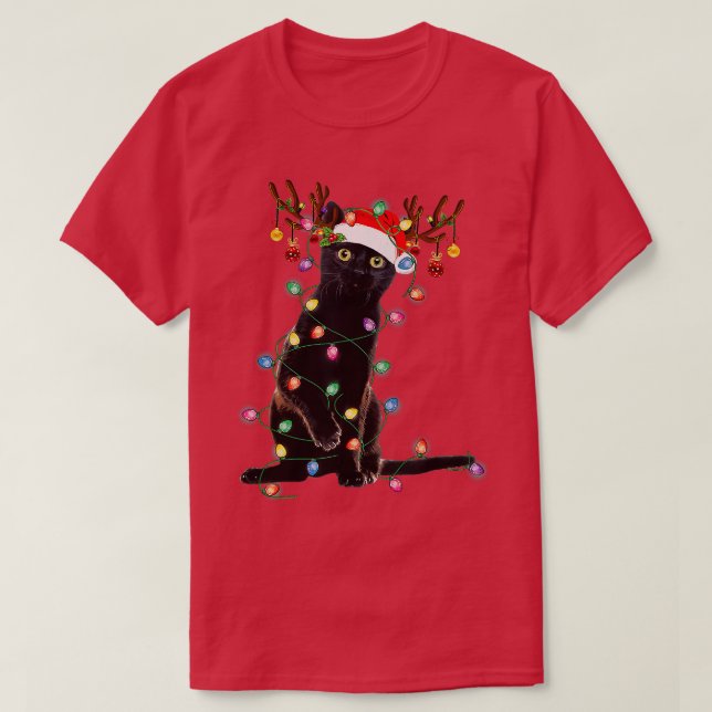 Reindeer Black Cat jul Ljus Funny Cat Kärlek T Shirt (Design framsida)
