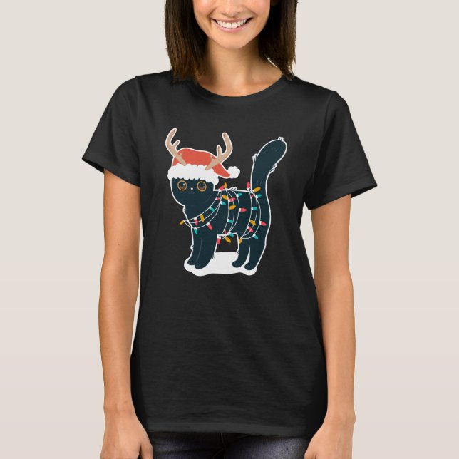 Reindeer Black Cat jul Ljus Funny T Shirt (Framsida)