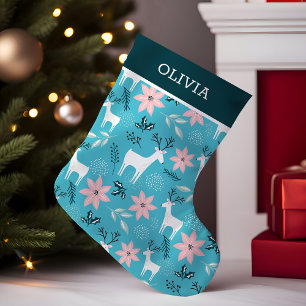 Reindeer Blommigt Poinsettia Whimsical Personlig Liten Julstrumpa