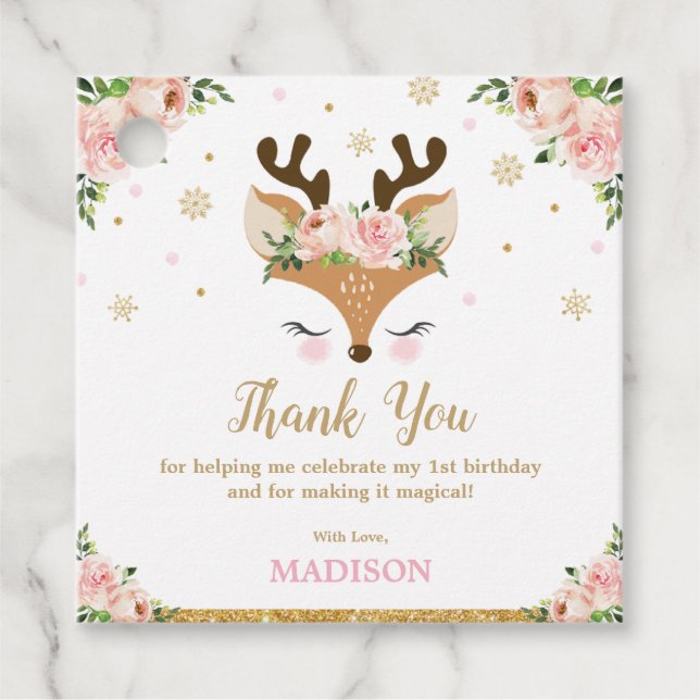 Reindeer Blommigt Snöflingor Birthday Tack Gåvor Etiketter (Framsida)