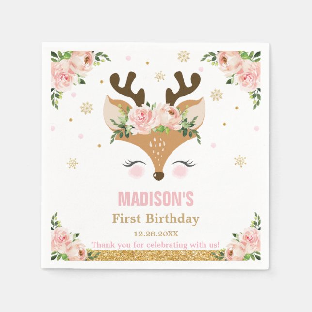 Reindeer Blommigt Snöflingor julafton Pappersservett (Framsidan)
