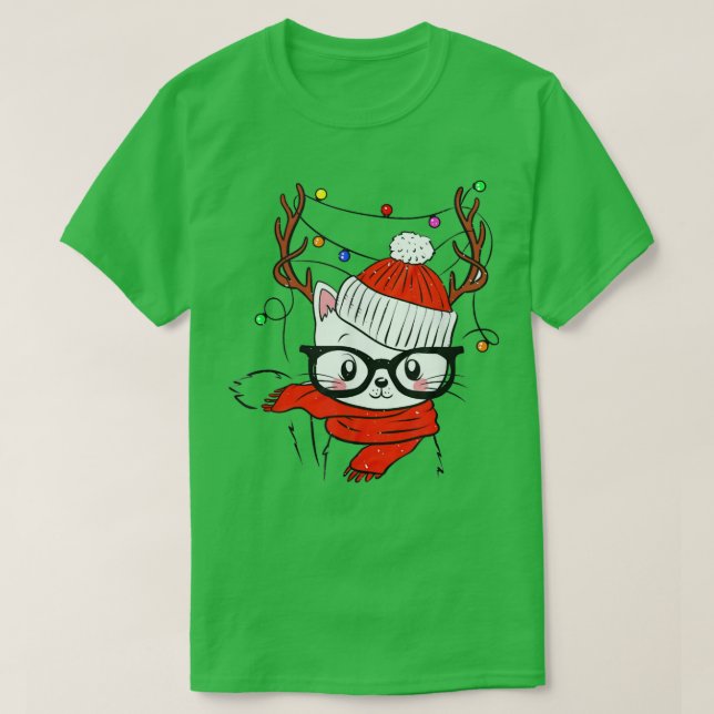 Reindeer Cat Santa Light Julafton älskare cat T Shirt (Design framsida)