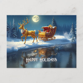 Reindeer Christmas Sleigh Holiday Postcard Vykort