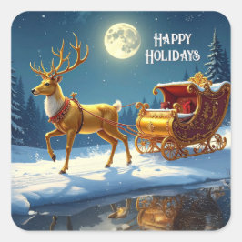 Reindeer Christmas Sleigh Holiday Sticker Fyrkantigt Klistermärke