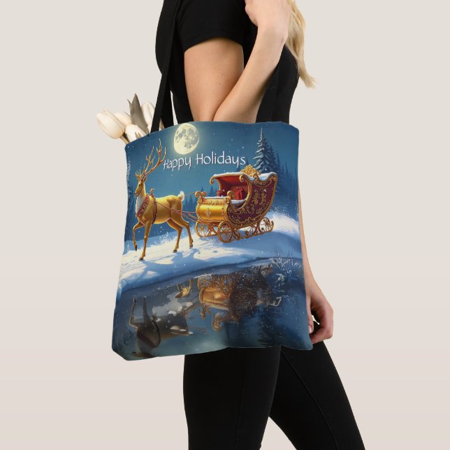Reindeer Christmas Sleigh Holiday Tote Bag Tygkasse (Närbild)