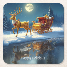 Reindeer Christmas Sleigh Holiday Underlägg Papper Kvadrat