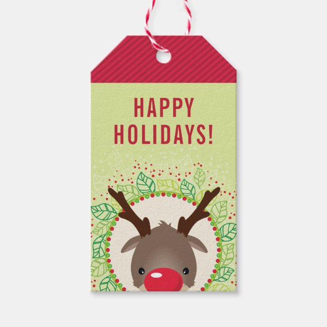 REINDEER CHRISTMAS söt röd näsa, rudolph Red grönt Presentetikett (Framsidan)