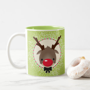 REINDEER CHRISTMAS söt rödnäsrudolph grönt Två-Tonad Mugg