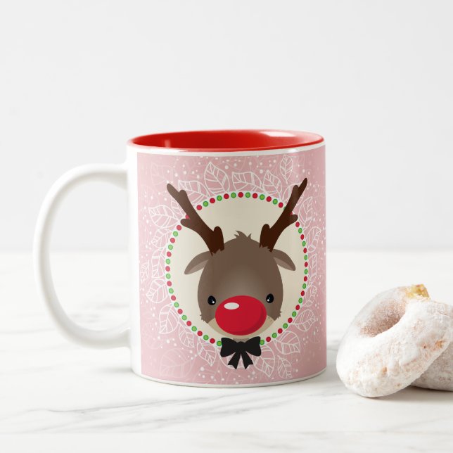 REINDEER CHRISTMAS söt rödnäsrudolph rosa Två-Tonad Mugg (Med munk)