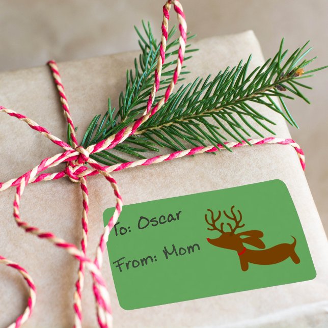 Reindeer Dachshund Helgdag Gift Märkre Sticky Labe Adressetikett (Dachshund Christmas gift tags - sticky)