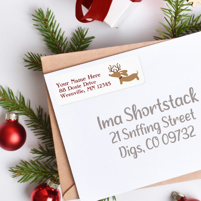 Reindeer Dachshund jul Adressetiketters Doxie Returadress Etikett (dachshund through the snow Christmas address labels)