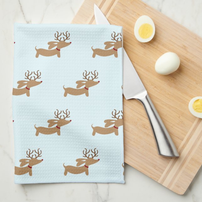 Reindeer Dachshund jul Grönt Dish Towel Kökshandduk (Vikt i Fjärdedel)