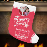 Reindeer Express från Santa Namn och Photo Red Stor Julstrumpa<br><div class="desc">Lägg till en speciell magisk beröring till din lilla gåva från Jultomten med en anpassningsbar röd och vit helgdag från renar Express! Den här juldesignen i personlig ger också möjlighet att lägga till namn i ditt barn och ett foto.</div>