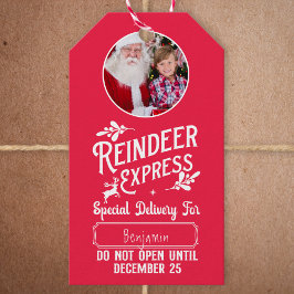Reindeer Express från Santa w/ Photo jul Red Presentetikett