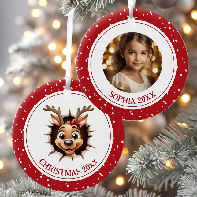 Reindeer Girl Namn jul Photo Ornament (Funny Happy Reindeer Girl Christmas Photo Ornament)