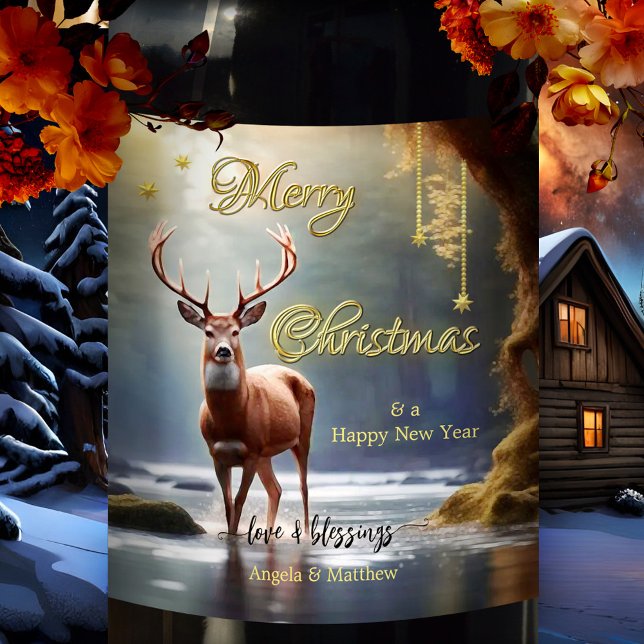 Reindeer Guld Stars jul Vinflaska Etikett (Modern Christmas wine label featuring a reindeer in a river landscape with gold stylized stars)