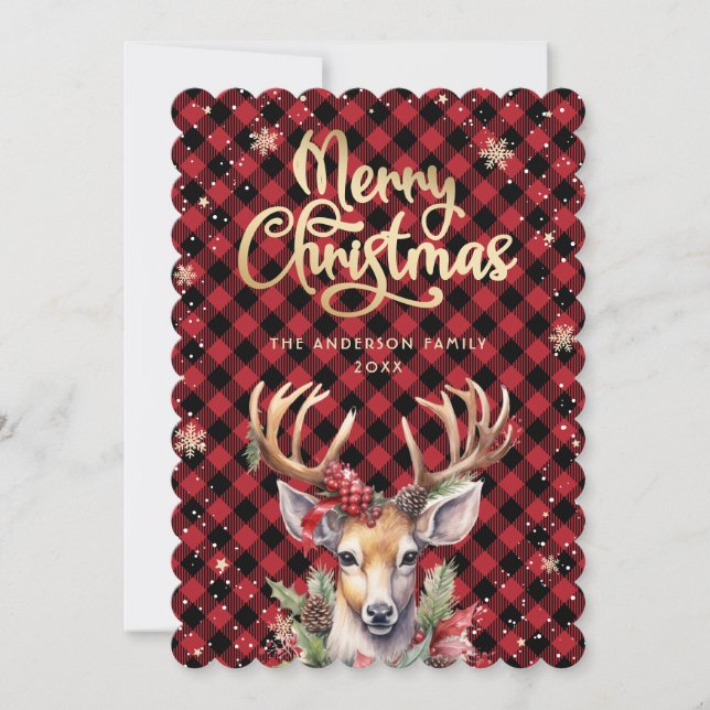 Reindeer Holly Berries Snowflakes Christmas Card Julkort (Framsida)