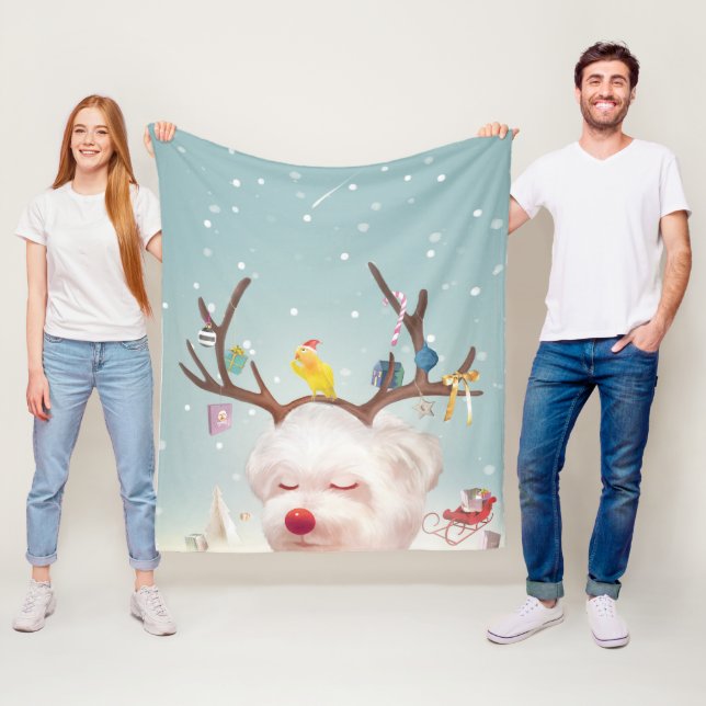 Reindeer Hund med julprydnad Fleecefilt (På plats)