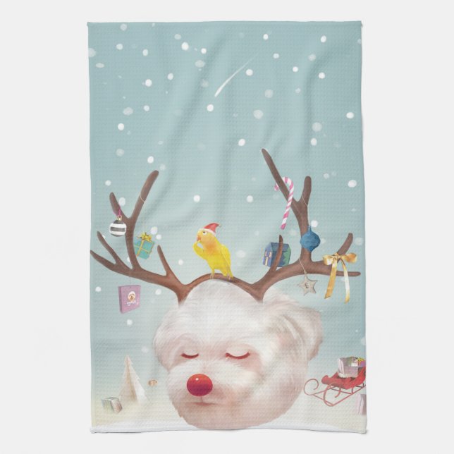 Reindeer Hund med julprydnad Kökshandduk (Vertikal)