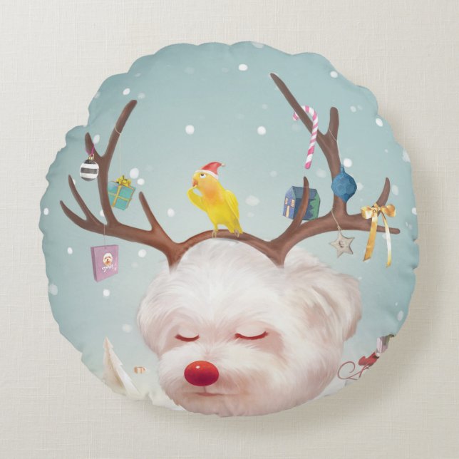 Reindeer Hund med julprydnad Rund Kudde (Framsidan)