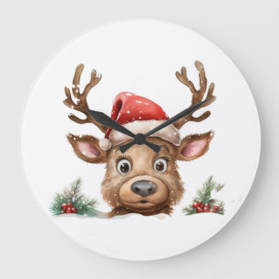 Reindeer i Santa Hat Peeking på dig Stor Klocka