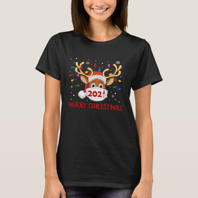 Reindeer in Mask  Merry Christmas 2021 Vaccination T Shirt (Framsida)