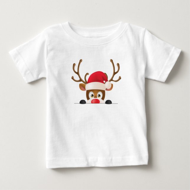 Reindeer in santa hat peeking out. t shirt (Framsida)