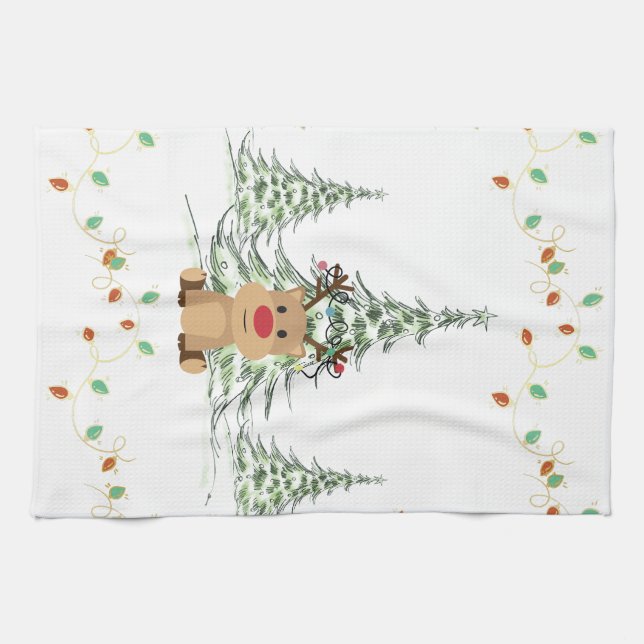 Reindeer jul Helgdag Ljus Winter Träd Kökshandduk (Horisontell)