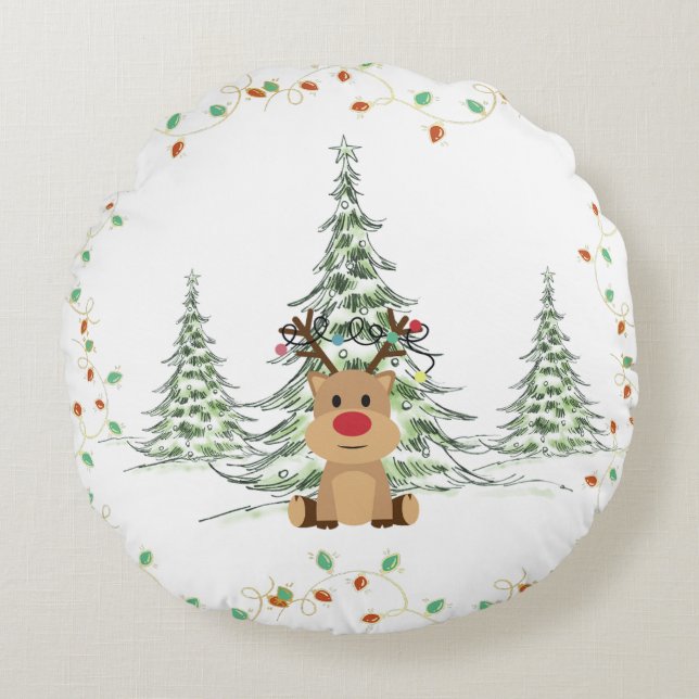 Reindeer jul Helgdag Ljus Winter Träd Rund Kudde (Framsidan)