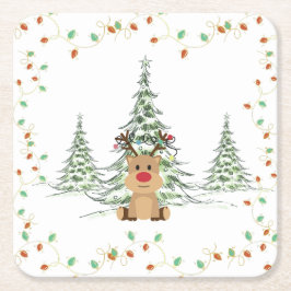 Reindeer jul Helgdag Ljus Winter Träd Underlägg Papper Kvadrat