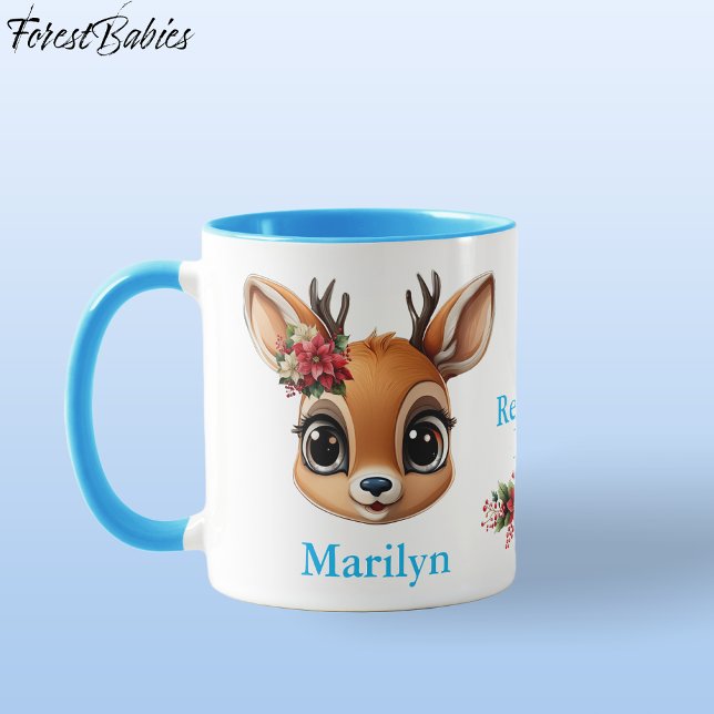 Reindeer Kärlek, Blommigt Hjort, Fawn Doe Poinsett Mugg (Custom Deer, Floral Fawn, Doe Antler, Reindeer Love Poinsettia Flowers Blue ForestBabies Mug 🦌)