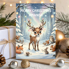 Reindeer Magical Forest Kids Christmas Card Helgkort