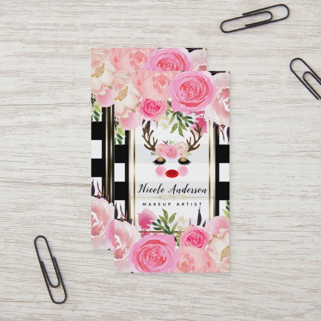 Reindeer Makeup Guld Glitter Ögon Rosa Blommigt Visitkort (Fram/Back In Situ)