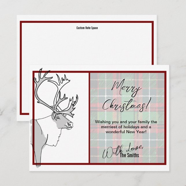 Reindeer Merry Christmas plaid Customizable Vykort (Fram/baksida)