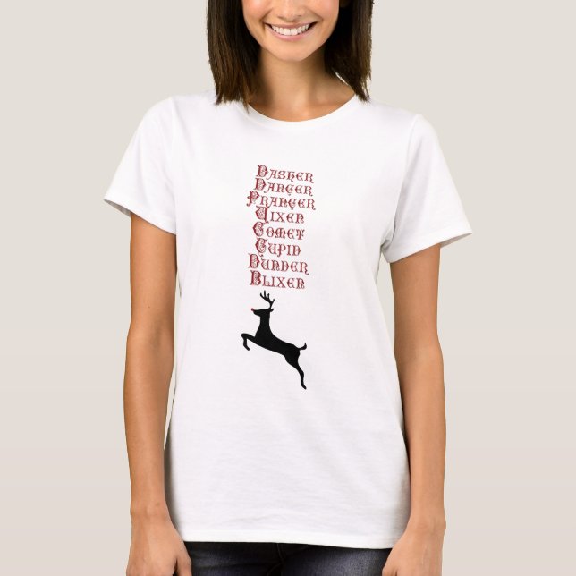 Reindeer Namn Rudolph, Comet, Blixen Reindeer T Shirt (Framsida)