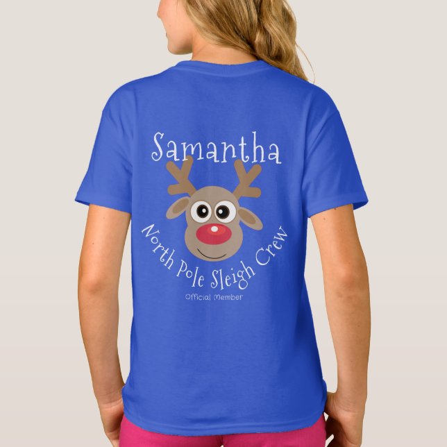 Reindeer North Pole Sleigh Crew Blue T Shirt (Baksida)