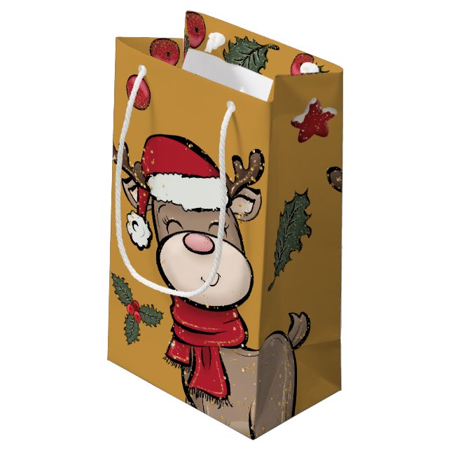 Reindeer och Red Berry Ochre Small Gift Bag (Baksidan Vinklad)