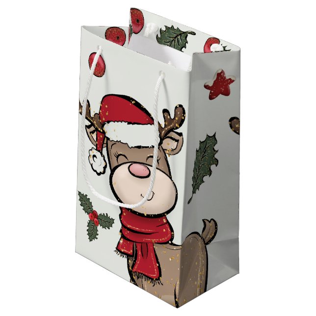 Reindeer och Red Berry Off White Small Gift Bag (Baksidan Vinklad)