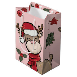 Reindeer och Red Berry Pastel Rosa Medium Gift Bag