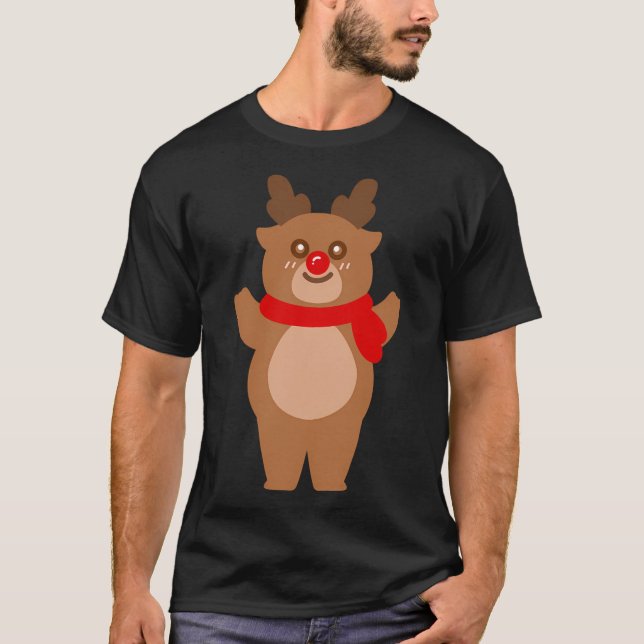 Reindeer och Rudolph jul Tecknad Hand plockade T Shirt (Framsida)
