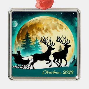 Reindeer och Sleigh fullt måne Julgransprydnad Metall
