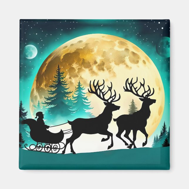Reindeer och Sleigh fullt måne Magnet (Framsidan)