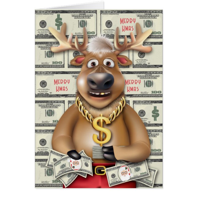 Reindeer Pengarar Santa Bucks Funny Money Helgdag Hälsningskort (Framsidan)