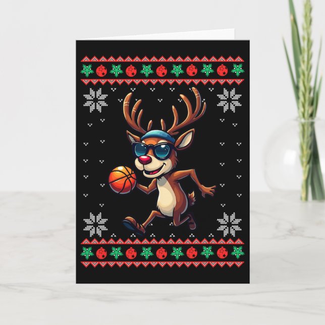 Reindeer Playing Sketll Ugly Christmas Xmas Kids  Kort (Framsida)