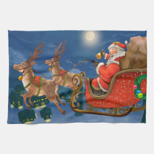 Reindeer Pulling Jultomten Sleigh   Jul Kökshandduk