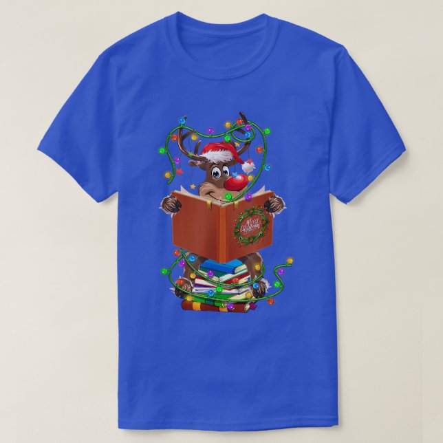 Reindeer Reading Bokar jul Ljus Ornaments T Shirt (Design framsida)
