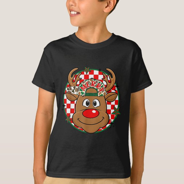 Reindeer Rudolph Merry Christmas Xmas Holiday Boys T Shirt (Framsida)