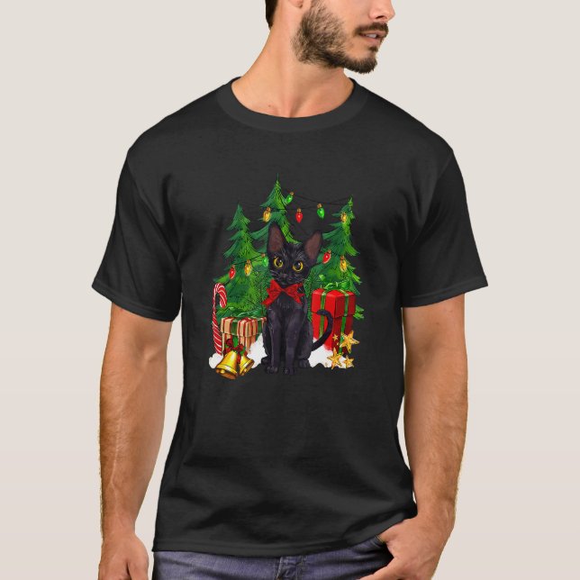 Reindeer Santa Hat Black Cat Christmas Lights Cute T Shirt (Framsida)