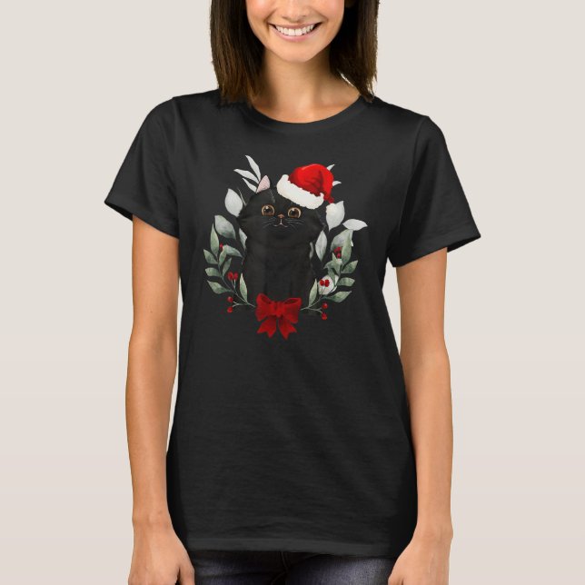 Reindeer Santa Hat Black Cat jul Ljus Cute T Shirt (Framsida)